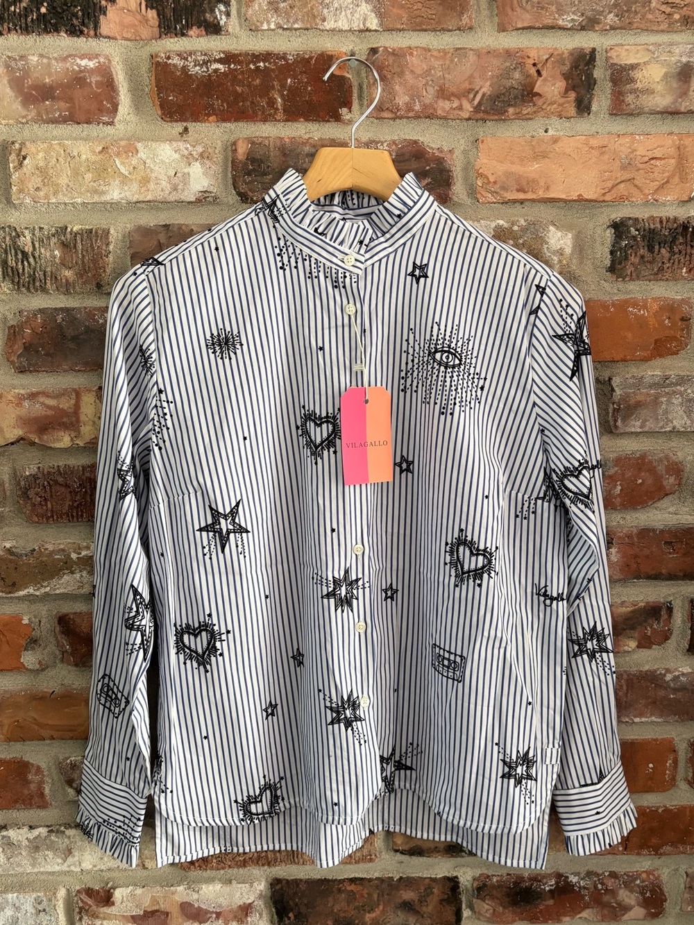 Vilagallo Blue Stripe Ruffle Collar Button Up Long Sleeve Shirt Top NWT, 40